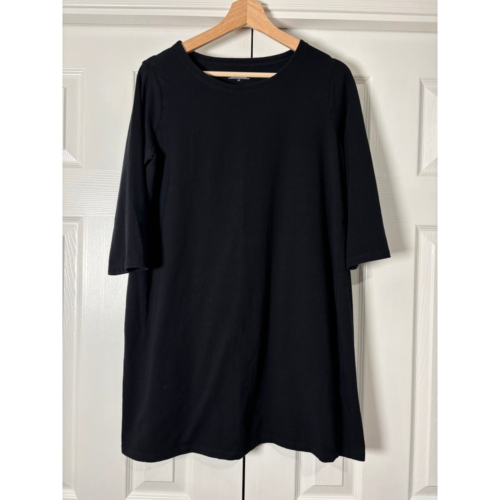 Eileen Fisher Black Organic Cotton Spandex 3/4 Sleeve Shift Dress Small